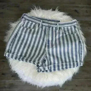 American Eagle Women's Stripe High Rise Mom Denim Shorts Blue White